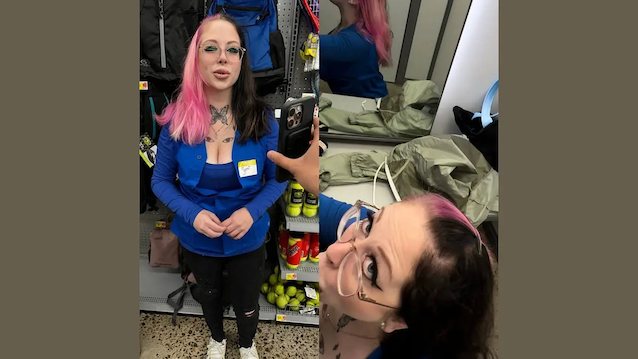 blowjob, amateur, dark hair, pink hair, retail store