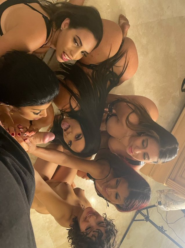 orgy, six girls, reverse gangbang, big cock, big tits