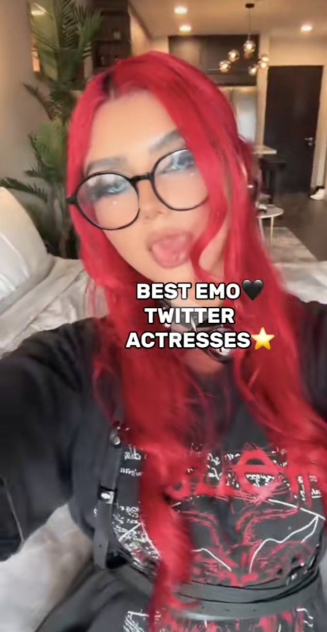 emo, glasses, split tongue, red hair, tiktok