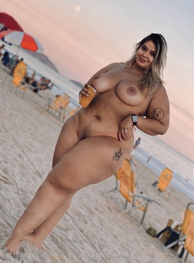 beach, big boobs, hairy, left arm tattoo, left thigh tattoo