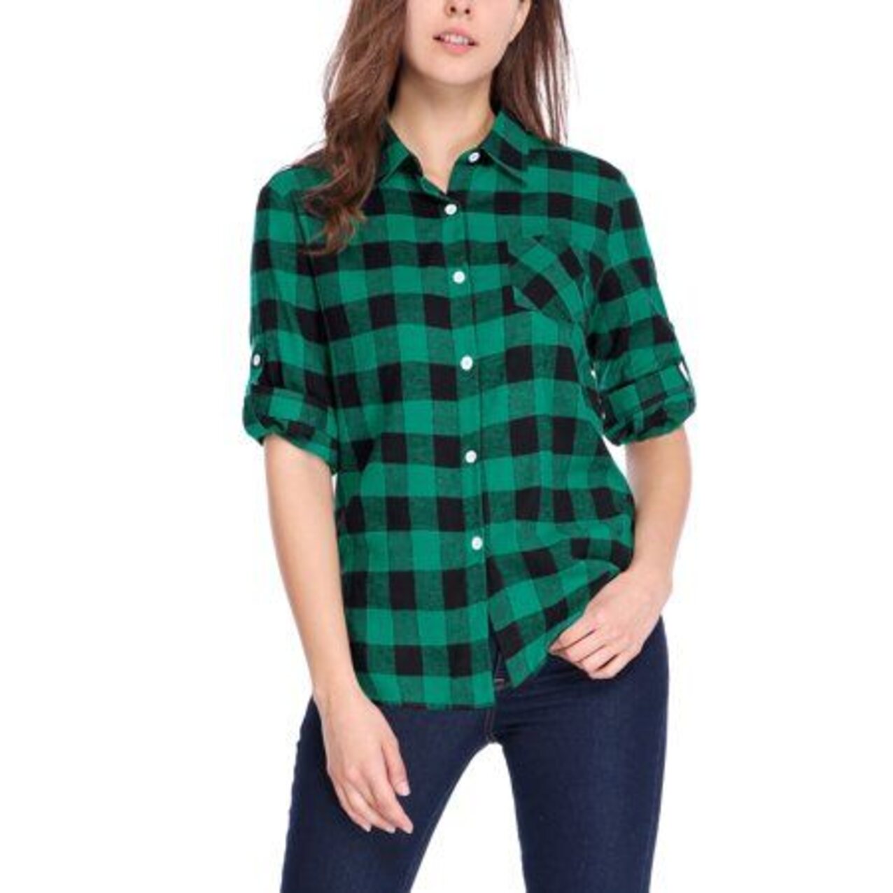 brunette plaid shirt public
