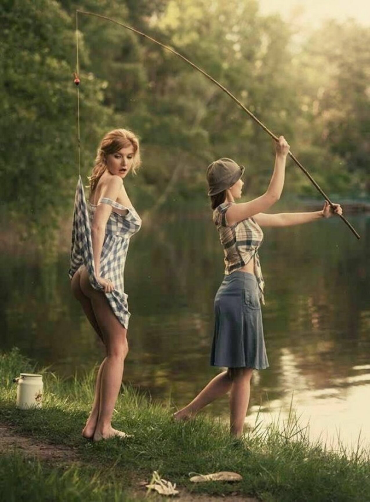 girls fish outside