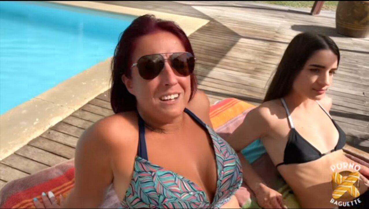 lesbians outside pool side