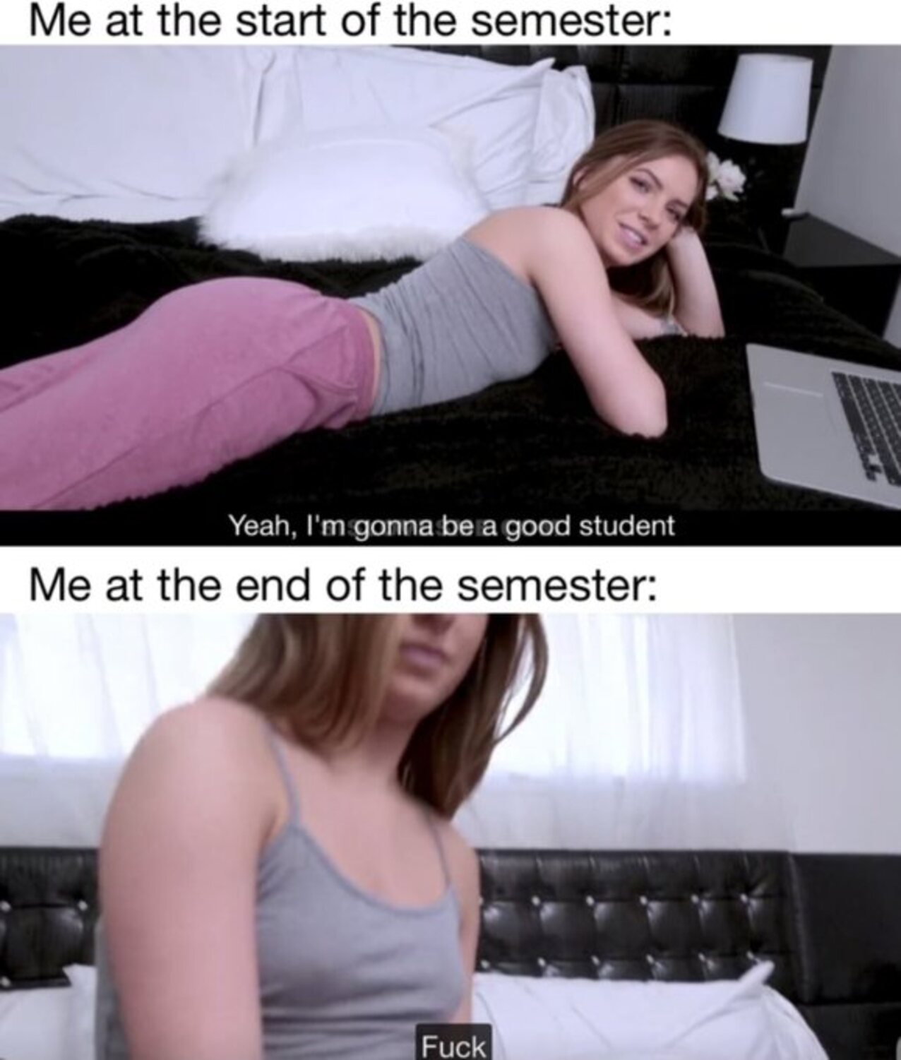 brunette student bed