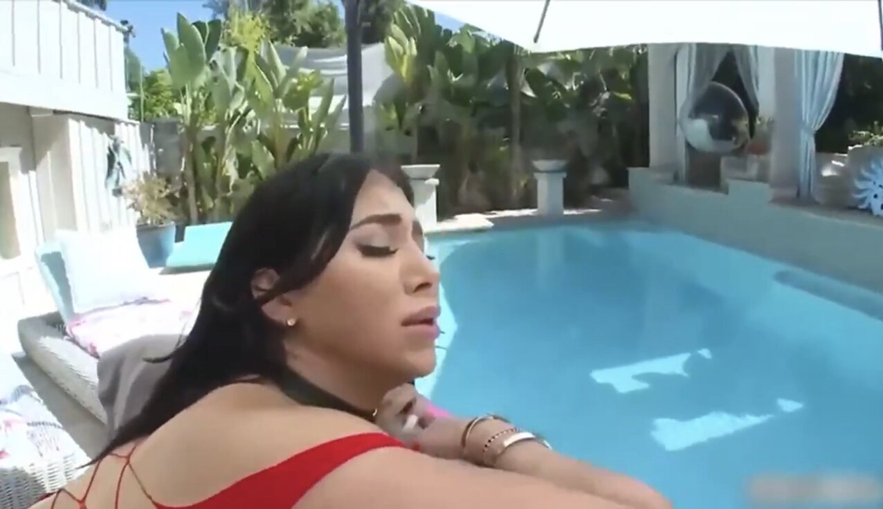red dress doggystyle pool