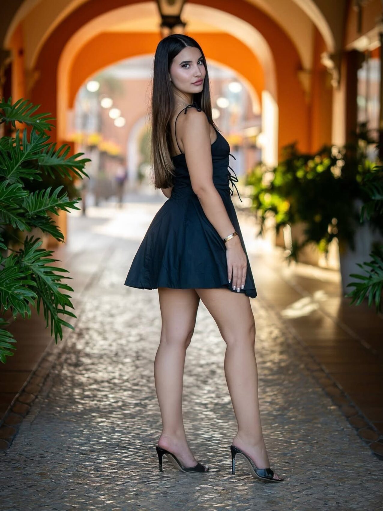 brunette high heels mules
