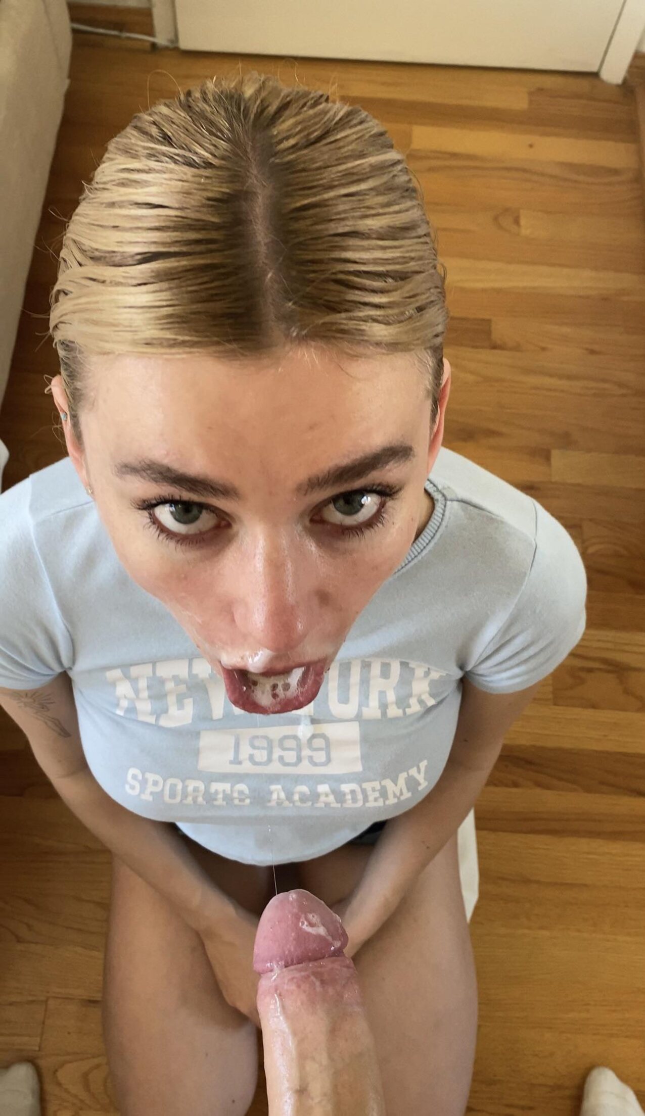 blow job blue shirt blonde