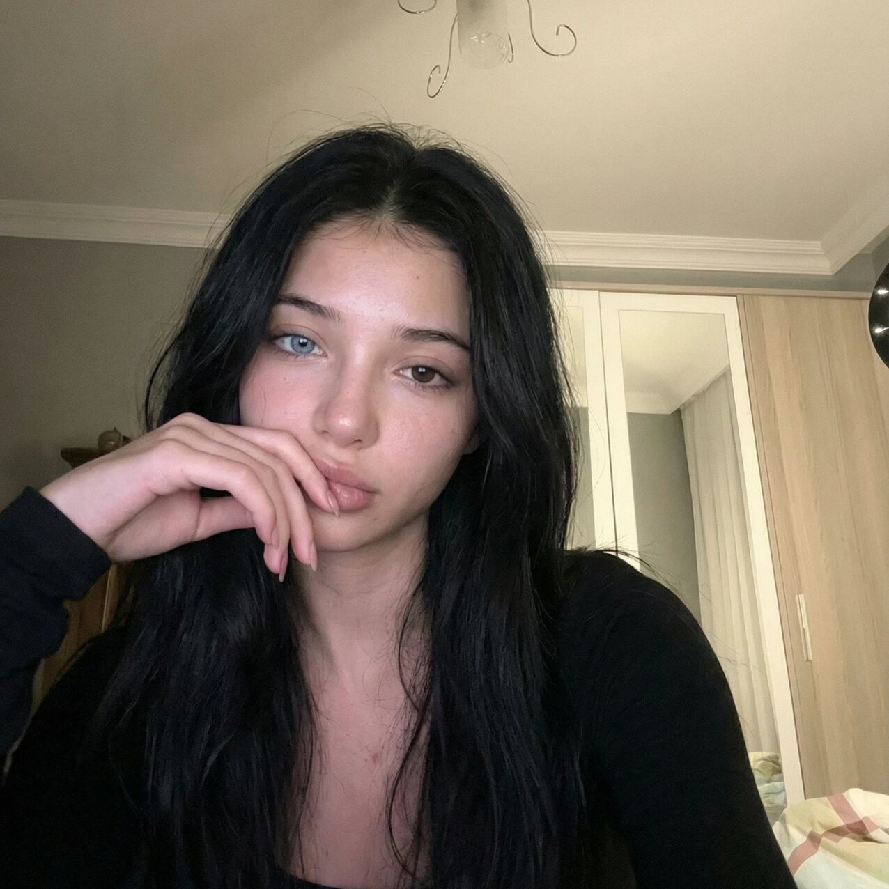 dark hair white grey eyes