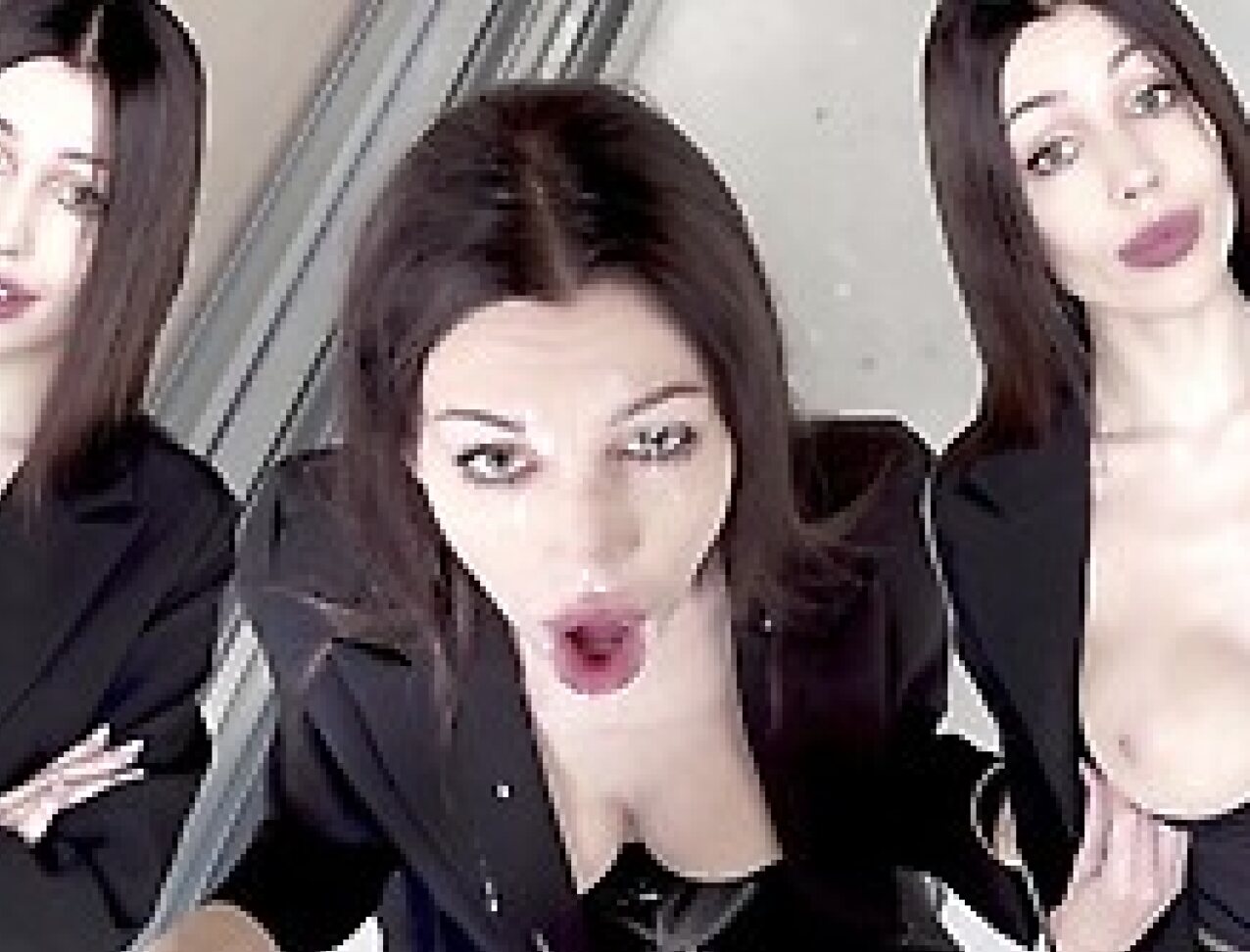 brunette red lips clothed