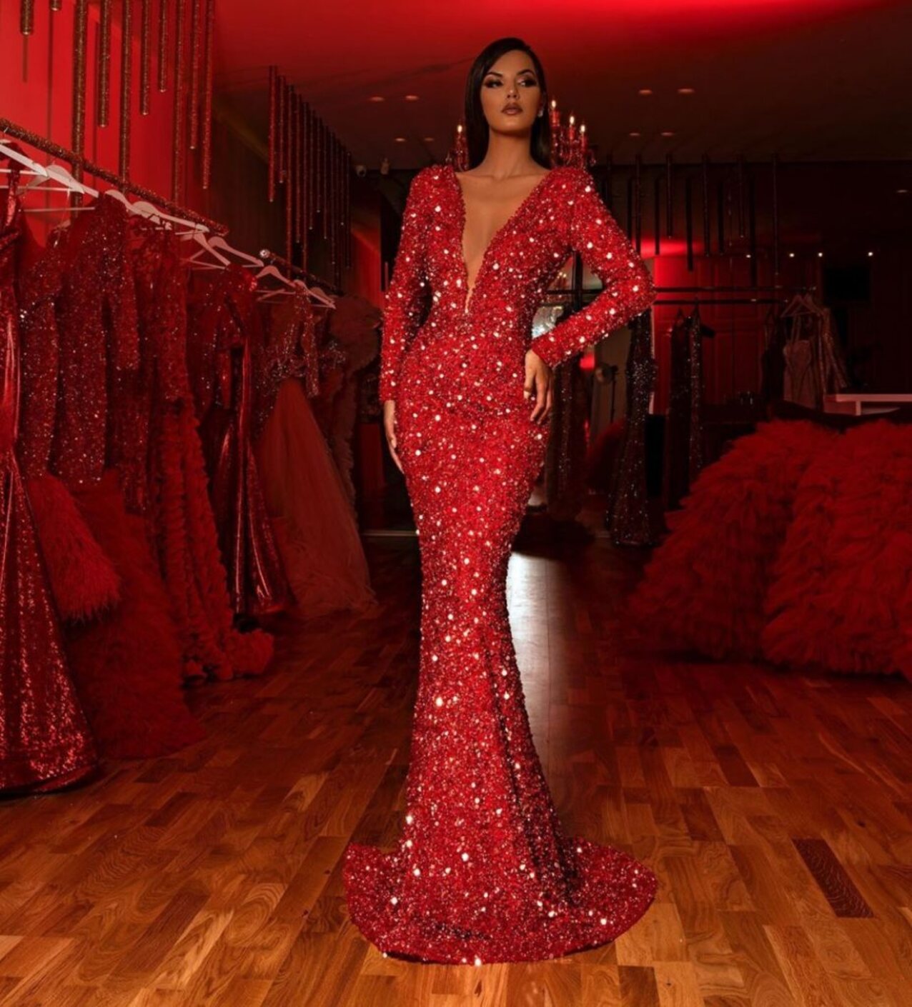black hair red dress jewelry