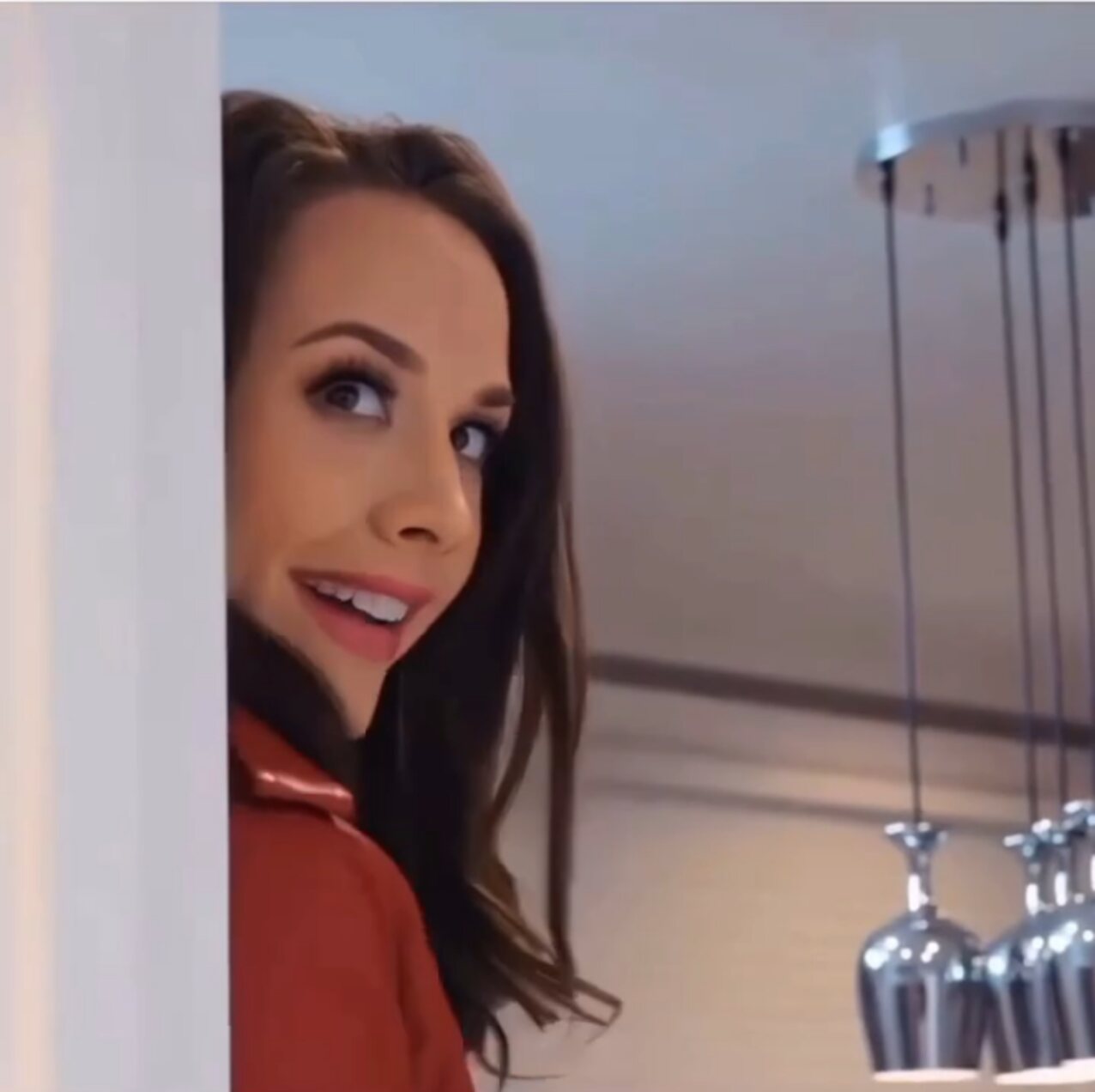 brunette sneaking red jacket