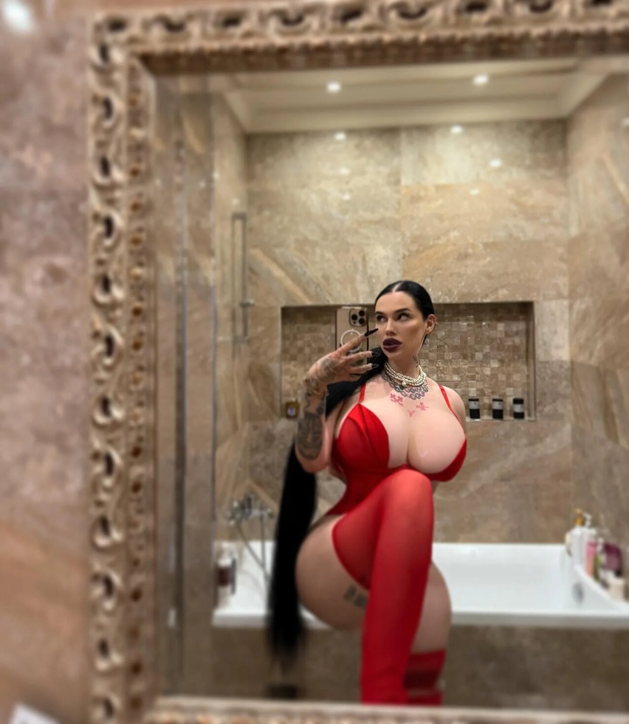 big tits red dress brunette