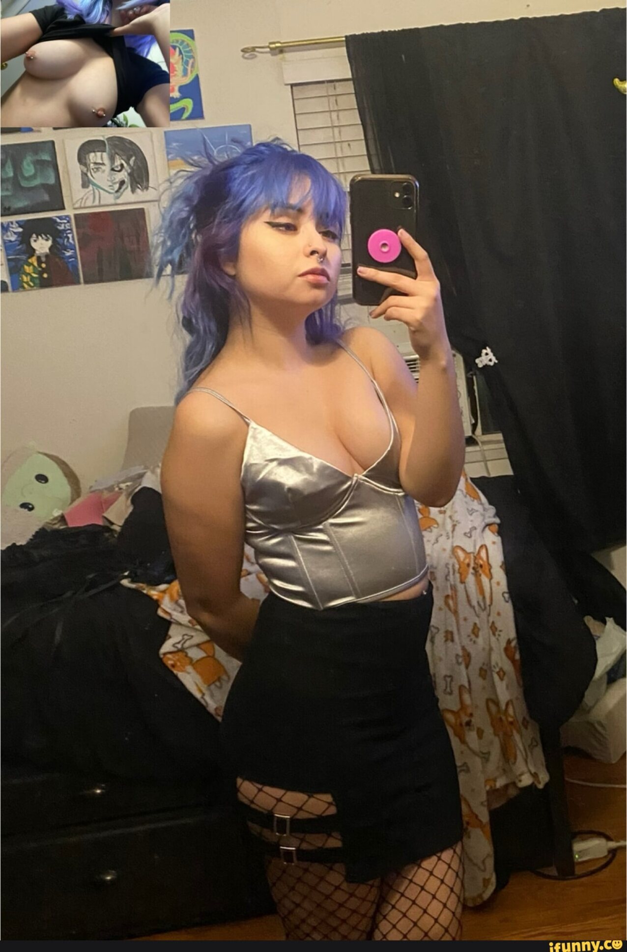 blue hair septum piercing mirror selfie