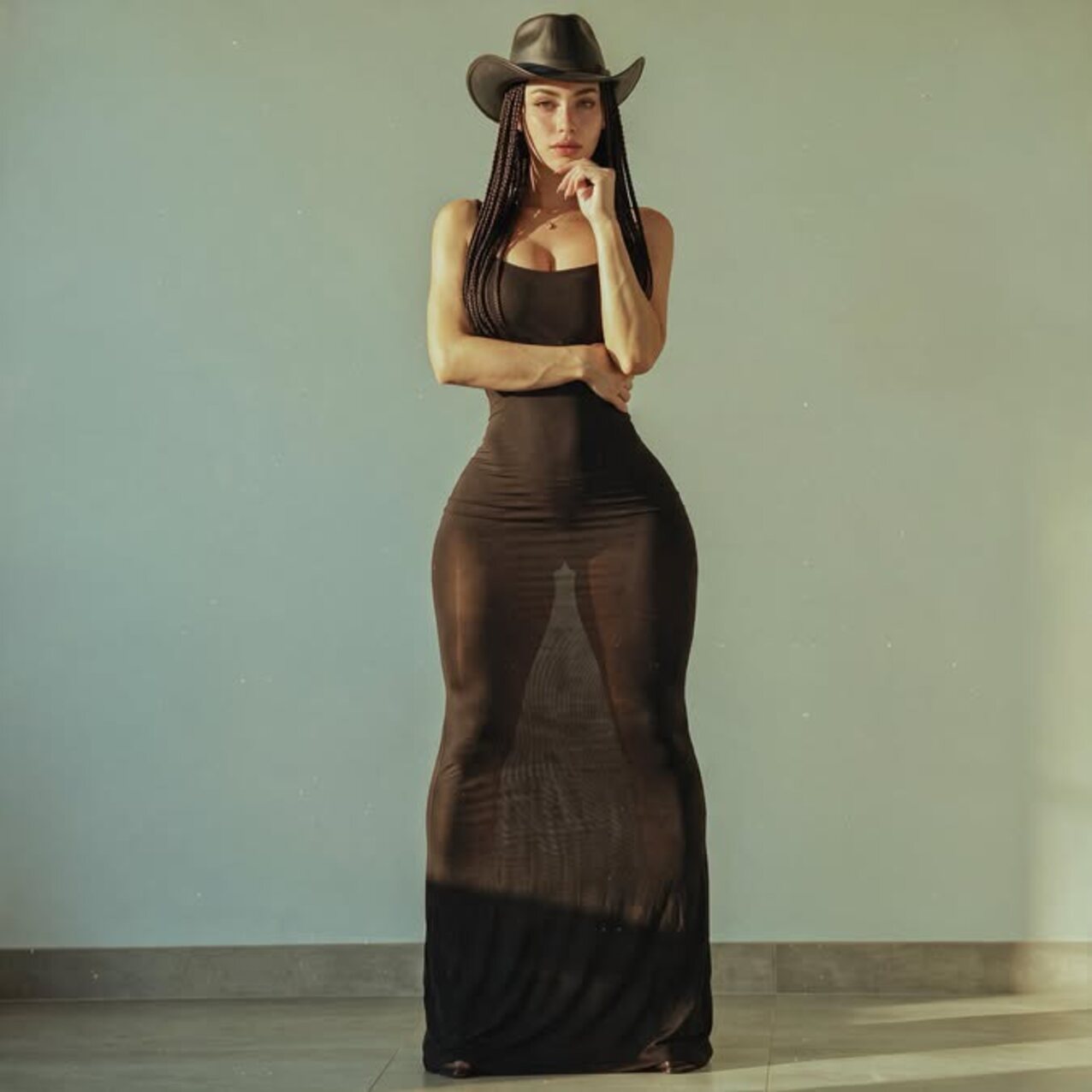 cowboy hat see thru long dress