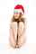 redhead santa hat stock photo