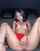 brunette tattoos red bikini